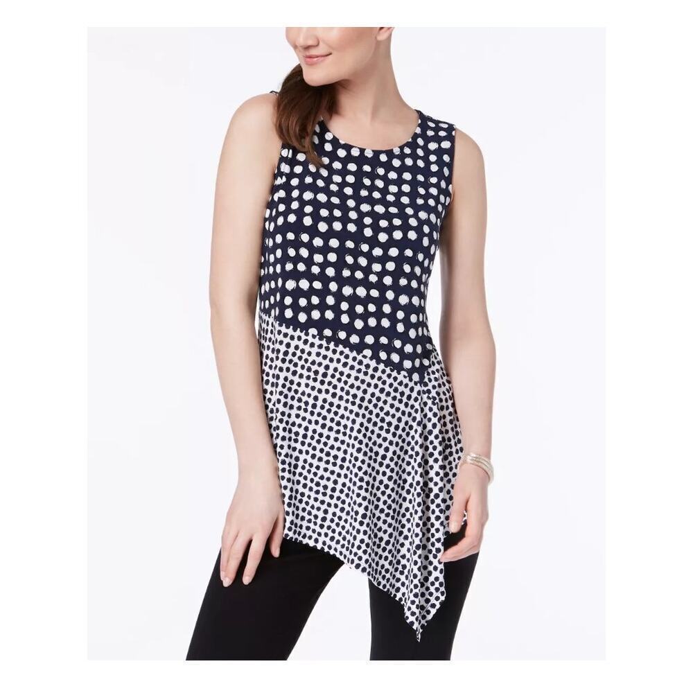 Alfani Asymmetrical Hem Mixed Print Tunic Top Blue Polka Dot Size Small